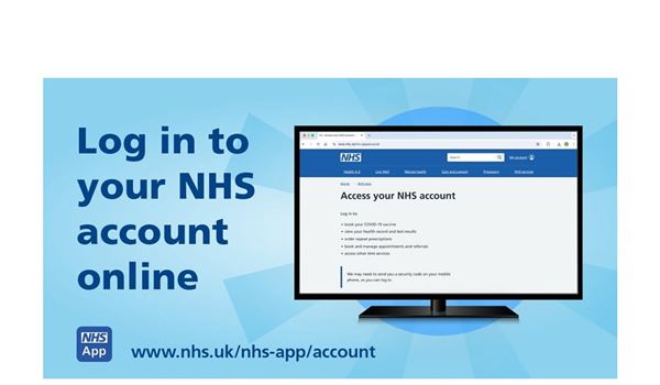 A desktop computer display with the NHS login on screen and the words Log in to your NHS account online