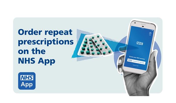 a hand holding a smartphone with the NHS app showing on the screen and the words Order repeat prescriptions on the NHS App