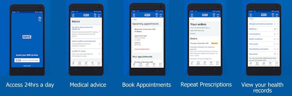 Mobile phone with various NHS App screens displayed on them