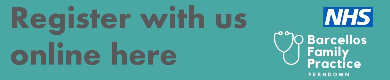 The NHS and Barcellos Family Practice logos and the words Register with us online here